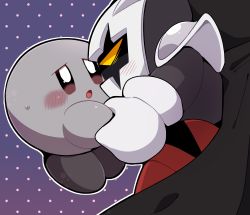 Rule 34 | 1boy, 1other, absurdres, angry, armor, black skin, blush, cape, colored skin, cropped, dark meta knight, dark persona, facing another, gloves, gradient background, grey skin, highres, holding hands, kirby (series), kirby and the amazing mirror, knight, looking at another, mask, mittens, nintendo, no humans, open mouth, outline, parted lips, pauldrons, pink background, polka dot, polka dot background, purple background, red eyes, red footwear, scar, scar across eye, scar on face, shadow kirby, shoulder armor, star (symbol), subaru331, sweatdrop, torn cape, torn clothes, white outline, yellow eyes