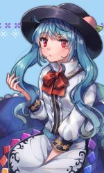 Rule 34 | 13 (spice!!), 1girl, absurdres, alternate hairstyle, bad id, bad pixiv id, black hat, blouse, blue hair, blush, bow, bowtie, food, frilled skirt, frills, fruit, hat, highres, hinanawi tenshi, long hair, long skirt, looking at viewer, medium sleeves, peach, rainbow order, red bow, red eyes, shirt, skirt, solo, touhou, twintails, white shirt