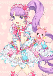 Rule 34 | 1girl, :d, blunt bangs, blush, bow, commentary request, dress, feet out of frame, frilled dress, frills, hairband, hand up, idol clothes, knees together feet apart, lolita fashion, long hair, looking at viewer, manaka non, open mouth, pink bow, pink hairband, pretty series, pripara, puffy short sleeves, puffy sleeves, purple eyes, purple hair, short sleeves, side ponytail, smile, solo, standing, stuffed animal, stuffed rabbit, stuffed toy, sweet lolita, unya (unya-unya), usacha, very long hair, white dress, wrist cuffs