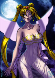 Rule 34 | 1girl, alternate breast size, backlighting, bare arms, bare shoulders, bishoujo senshi sailor moon, blonde hair, blue eyes, breasts, cleavage, closed mouth, cloud, collarbone, crown, double bun, dress, earrings, eyelashes, eyes visible through hair, facial mark, female focus, fingernails, forehead mark, full moon, gold trim, hair bun, hair ornament, highres, jewelry, large breasts, lips, lipstick, long fingernails, long hair, magical girl, makeup, moon, moonlight, narrow waist, neck, night, night sky, nipples, no bra, no panties, outdoors, parted bangs, pink lips, princess serenity, pussy, sailor moon, see-through, see-through dress, self-upload, sharp fingernails, sky, smile, solo, strapless, strapless dress, tsukino usagi, twintails, uncensored, usagi-san, very long hair, watermark, web address, wings