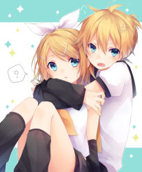 Rule 34 | 1boy, 1girl, ?, bass clef, black legwear, blonde hair, blue eyes, bow, brother and sister, commentary request, detached sleeves, hair between eyes, hair bow, hair ornament, hair ribbon, hairclip, hetero, hug, hug from behind, incest, kagamine len, kagamine rin, kuroi (liar-player), leg warmers, looking at viewer, necktie, open mouth, ribbon, sailor collar, short hair, shorts, siblings, spoken question mark, treble clef, twincest, twins, vocaloid, yellow necktie