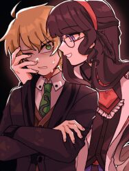 1boy 1girl black_hair black_jacket black_shirt blonde_hair brown_vest collared_shirt commentary corrupted_twitter_file crossed_arms damon_maitsu english_commentary eva_tsunaka frilled_necktie glasses green_eyes green_necktie hairband hand_on_another&#039;s_face highres jacket long_hair long_sleeves necktie project:_eden&#039;s_garden purple_eyes red_hairband red_necktie round_eyewear shirt short_hair short_necktie smile sweat very_short_hair vest white_jacket white_shirt zero_(misamxsa08)