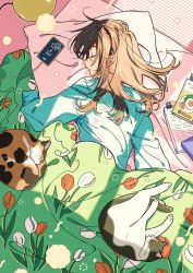 Rule 34 | 1girl, animal, binder clip, blanket, brown hair, cable, calico, cat, cellphone, closed eyes, dated commentary, dutch angle, film grain, floral print, from above, from side, futon, hair spread out, hand up, highres, hugging object, indoors, keishin, light particles, long hair, long sleeves, lying, messy hair, morning, on bed, on side, original, paper, parted lips, pet, petals, phone, pillow, pillow hug, profile, puffy long sleeves, puffy sleeves, shade, sleeping, smartphone, solo, striped, sunlight, u u, under covers, window shadow