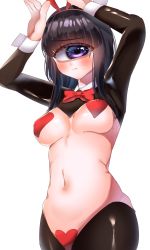 Rule 34 | 1girl, animal ears, arms up, azen (mntimcczgrtn), black hair, blunt bangs, blush, bow, bowtie, breasts, covered erect nipples, cyclops, fake animal ears, frown, hairband, heart maebari, heart pasties, highres, large breasts, latex, long hair, maebari, meme attire, monster girl, navel, nontraditional playboy bunny, one-eyed, original, pasties, purple eyes, rabbit ears, rabbit pose, reverse bunnysuit, reverse outfit, simple background, skin tight, solo, sweat, wrist cuffs
