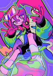 Rule 34 | 1girl, black jumpsuit, blue eyes, coat, commentary, creatures (company), foot out of frame, furrowed brow, game freak, gloves, goggles, goggles on head, grin, hair between eyes, hair ornament, halftone, hands up, hatsune miku, highres, jumpsuit, long sleeves, looking at viewer, menma (enaic31), multicolored coat, multicolored eyes, nintendo, object floating above hand, open clothes, open coat, orange hair, pink gloves, pink hair, pink pupils, platform footwear, poison miku (project voltage), poke ball, pokemon, project voltage, puffy long sleeves, puffy sleeves, purple background, purple hair, short jumpsuit, smile, solo, twintails, twitter username, vocaloid, waving, zipper pull tab