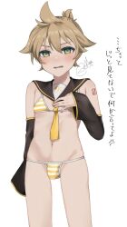 Rule 34 | 1boy, bare shoulders, bikini, bishounen, blush, bulge, cowboy shot, crossdressing, detached sleeves, embarrassed, highres, kagamine len, looking at viewer, male focus, moppibokaroaka, necktie, number tattoo, panties, sailor collar, short hair, signature, simple background, solo, striped clothes, striped panties, swimsuit, tattoo, translation request, trap, underwear, vocaloid, white background, yellow necktie