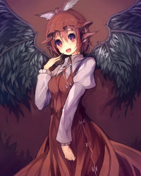 Rule 34 | 1girl, animal ears, black wings, blush, bow, breasts, dress, fingernails, hand to own mouth, hat, long fingernails, mystia lorelei, open mouth, purple hair, red eyes, revision, sharp fingernails, short hair, simple background, small breasts, smile, solo, touhou, ukyo rst, wings