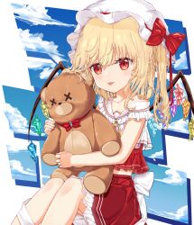 Rule 34 | 1girl, adapted costume, blake chun, blonde hair, bow, cloud, cloudy sky, crystal, flandre scarlet, frilled shirt collar, frills, hat, hat ribbon, highres, holding, holding stuffed toy, midriff, mob cap, multicolored wings, one side up, red bow, red eyes, red skirt, red vest, ribbon, sitting, skirt, skirt set, sky, solo, stuffed animal, stuffed toy, teddy bear, tongue, tongue out, touhou, vest, waist bow, wavy hair, white bow, white hat, wings, x x