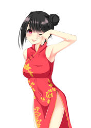 Rule 34 | 1girl, ;p, alternate costume, alternate hairstyle, armpits, black hair, blunt bangs, blush, breasts, china dress, chinese clothes, commentary request, cowboy shot, cropped legs, date a live, dress, fingernails, hair between eyes, hair bun, hand on own face, highres, kasumasu (tales75), leaf print, medium breasts, one eye closed, red eyes, short hair, simple background, single hair bun, solo, standing, tokisaki kurumi, tongue, tongue out, white background