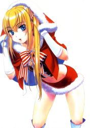 Rule 34 | 1girl, adelina, blonde hair, blue eyes, collarbone, full metal panic! another, hat, highres, hood, long hair, looking at viewer, miniskirt, navel, red skirt, santa hat, simple background, skirt, solo, white background