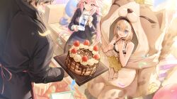 Rule 34 | 1boy, 2girls, acco (sh in), animal costume, bare shoulders, birthday cake, black jacket, blonde hair, blue eyes, breasts, cake, can (honkai impact), closed mouth, commentary, commentary request, confetti, costume, cup, dress, food, fruit, green eyes, hair between eyes, heterochromia, highres, holding, holding cup, honkai (series), honkai impact 3rd, jacket, kalpas (honkai impact), long hair, multiple girls, necktie, open mouth, pardofelis (honkai impact), pink hair, purple eyes, sakura (honkai impact), short hair, small breasts, smile, strawberry, yae sakura