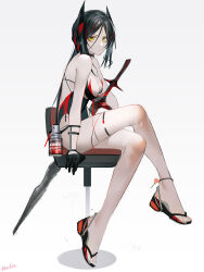 Rule 34 | 1girl, absurdres, arknights, black gloves, black hair, breasts, chair, cleavage, crossed legs, demon horns, full body, gloves, highres, horns, ines (arknights), large breasts, long hair, looking at viewer, mackia, sandals, simple background, sitting, solo, swimsuit, white background, yellow eyes