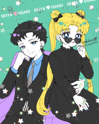 1boy 1girl bishoujo_senshi_sailor_moon black_dress black_hair black_suit blue_eyes blue_nails blue_shirt center_frills collar double_bun dress earrings formal_clothes frilled_collar frills hair_bun heart heart-shaped_eyewear hoshikuzu_(milkyway792) jewelry long_hair long_sleeves necktie parted_bangs puffy_sleeves shirt short_hair suit sunglasses very_long_hair white_necktie