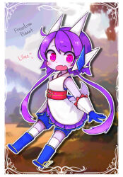 Rule 34 | 1girl, blue footwear, blue gloves, blurry, blurry background, boots, character name, chibi, colored skin, copyright name, dragon girl, dragon horns, eyelashes, freedom planet, freedom planet 2, full body, galaxytrail, gloves, headgear, highres, horns, japanese clothes, looking at viewer, low twintails, pink eyes, purple hair, sash lilac, shirt, sleeveless, sleeveless shirt, solo, twintails, usui yuki, white skin