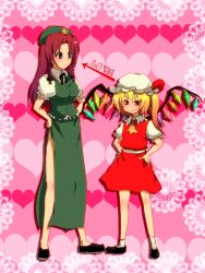 Rule 34 | 2girls, aoi (annbi), arrow (symbol), bad id, bad pixiv id, blonde hair, blue eyes, braid, china dress, chinese clothes, dress, female focus, flandre scarlet, hands on own hips, hat, hong meiling, long hair, multiple girls, ponytail, red eyes, red hair, short hair, side ponytail, side slit, smile, standing, embodiment of scarlet devil, touhou, twin braids, vampire, wings