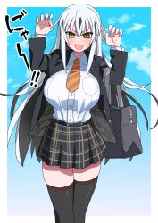 Rule 34 | 1girl, absurdres, akitokage, bag, black hair, black jacket, black skirt, black thighhighs, blue sky, breasts, collared shirt, dress shirt, fate/grand order, fate (series), green eyes, hair between eyes, highres, jacket, koha-ace, large breasts, long hair, long sleeves, looking at viewer, multicolored hair, nagao kagetora (fate), necktie, open clothes, open jacket, open mouth, plaid, plaid skirt, shirt, shoulder bag, sidelocks, skirt, sky, smile, solo, thighhighs, thighs, translation request, two-tone hair, very long hair, white hair, white shirt