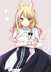 Rule 34 | 1girl, animal ear fluff, animal ears, bad id, bad pixiv id, beige background, blonde hair, blush, bow, braid, commentary request, crossed arms, hair bow, highres, kemonomimi mode, kirisame marisa, long hair, looking at viewer, parted bangs, paw print, ribbon-trimmed sleeves, ribbon trim, shinonome asu, short sleeves, side braid, simple background, single braid, solo, tail, touhou, wrist cuffs, yellow eyes