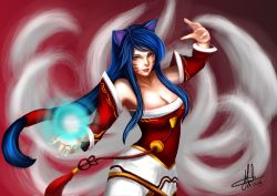 Rule 34 | 1girl, ahri (league of legends), animal ears, bare shoulders, breasts, brown eyes, casting spell, cleavage, collarbone, detached sleeves, energy orb, facial mark, female focus, fox ears, gradient background, ikhwan maulana, korean clothes, large breasts, league of legends, lips, long hair, looking at viewer, magic, multiple tails, nose, realistic, red background, signature, smile, solo, tail, upper body, whisker markings
