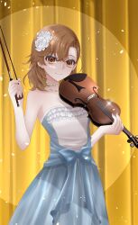 Rule 34 | 1girl, blue bow, bow, breasts, brown eyes, brown hair, confetti, cowboy shot, dress, dress bow, flower, formal, frilled dress, frills, hair flower, hair ornament, highres, holding, holding instrument, holding violin, instrument, jewelry, looking at viewer, medium breasts, misaka mikoto, necklace, pearl necklace, pink nails, rose, sleeveless, sleeveless dress, small breasts, smile, solo, stage curtains, stage lights, standing, tacchin ichi-gou, toaru majutsu no index, two-tone dress, violin, white flower, white rose