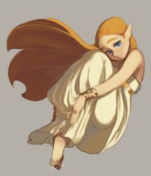 Rule 34 | 1girl, barefoot, blonde hair, blue eyes, blush, bracelet, dress, feet, floating, full body, highres, jewelry, knees up, looking at viewer, necklace, nintendo, pink lips, plantar flexion, pointy ears, princess zelda, simple background, sketch, smile, solo, teeth, the legend of zelda, the legend of zelda: breath of the wild, thick eyebrows, toes, white dress, wind, zambiie