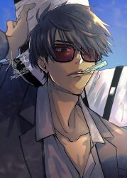 Rule 34 | 1boy, arm up, black hair, black jacket, blue background, collarbone, collared shirt, cross, grey shirt, highres, jacket, looking at viewer, male focus, mizuki7810, mouth hold, nicholas d. wolfwood, open mouth, partially unbuttoned, shirt, short hair, solo, sunglasses, trigun, trigun stampede, tsurime, upper body, vial