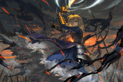 Rule 34 | 1girl, armor, armored dress, artoria pendragon (fate), bad id, bad pixiv id, blonde hair, blue dress, cloud, cloudy sky, dress, fate/stay night, fate (series), fighting stance, flag, gauntlets, green eyes, looking at viewer, metal gloves, polearm, saber (fate), seeker, sky, solo, spear, sword, weapon, wind