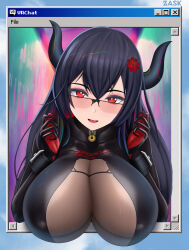 Rule 34 | 1girl, absurdres, against fourth wall, artist name, black-framed eyewear, black bodysuit, black eyeshadow, black gloves, black hair, black horns, bodysuit, breasts, bright pupils, character name, cleavage, clover hair ornament, colored inner hair, comdost (vtuber), commentary, copyright name, covered erect nipples, double-parted bangs, eyeshadow, four-leaf clover hair ornament, glasses, gloves, hair between eyes, hair ornament, highres, horns, icon (computing), indie virtual youtuber, large breasts, long hair, makeup, multicolored hair, over-rim eyewear, parted lips, pixel text, rainbow hair, red eyes, red gloves, red hair, see-through, see-through cleavage, semi-rimless eyewear, solo, streaked hair, through medium, through screen, two-tone gloves, upper body, virtual youtuber, vrchat, white pupils, window (computing), zask