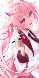 Rule 34 | + +, 1girl, :d, absurdres, black necktie, commentary, cowboy shot, demon horns, heart, heart of string, highres, holding, holding pen, horns, jacket, long hair, long sleeves, looking at viewer, nang z1, necktie, open mouth, original, pen, pink eyes, pink hair, pink skirt, pleated skirt, school uniform, shirt, skirt, smile, solo, twintails, white jacket, white shirt