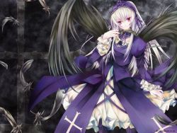 Rule 34 | 00s, 1girl, artist request, cross, dark, dress, feathers, goth fashion, gothic lolita, hairband, lolita fashion, long hair, pink eyes, rozen maiden, smile, solo, suigintou, white hair, wings