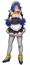 Rule 34 | 1girl, akairiot, alternate costume, ankle ribbon, apron, blue eyes, blue hair, blush, bow, breasts, choker, cleavage, embarrassed, enmaided, female focus, fire emblem, fire emblem awakening, full body, highres, leg ribbon, long hair, lucina (fire emblem), maid, maid apron, maid headdress, matching hair/eyes, nintendo, ribbon, skirt, solo, super smash bros., thighhighs, transparent background, white thighhighs, wrist cuffs, yellow bow, yellow ribbon, zettai ryouiki