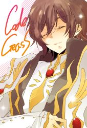 Rule 34 | 00s, 1boy, bad id, bad pixiv id, brooch, closed eyes, code geass, collar, copyright name, gem, hatsuko, highres, jewelry, lelouch vi britannia, long sleeves, male focus, simple background, solo, uniform, upper body, white background