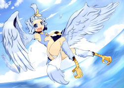 Rule 34 | 1girl, armpits, blue eyes, blue hair, blue theme, breasts, cloud, day, feathers, harpy, highres, inutokage, matching hair/eyes, monster girl, open mouth, original, sky, small breasts, solo, talons, underboob, winged arms, wings