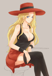 Rule 34 | 10s, 1girl, bad id, bad pixiv id, bare shoulders, black thighhighs, blonde hair, blue eyes, blush, breasts, cleavage, creatures (company), crossed legs, game freak, grey background, hat, large breasts, leikangmin, long hair, looking at viewer, nintendo, pokemon, pokemon xy, serena (pokemon), simple background, sitting, skirt, sleeveless, smile, solo, thighhighs, zettai ryouiki
