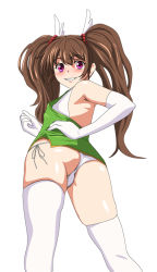 Rule 34 | 1boy, androgynous, ass, bare shoulders, blush, brown hair, bulge, chinese clothes, crossdressing, dress, elbow gloves, embarrassed, gloves, green dress, hand on own hip, long hair, looking at viewer, looking back, m-eiji, panties, pink eyes, shiny skin, short dress, side-tie panties, simple background, solo, sweat, taimanin (series), taimanin asagi, taimanin rpgx, thighhighs, thong, trap, twintails, uehara shikanosuke, underwear, very long hair, white background, white gloves, white panties, white thighhighs