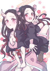Rule 34 | 2girls, :d, aged up, alternate breast size, black hair, black jacket, blush, bow, breasts, cleavage, clenched hands, collarbone, demon horns, floating, floral background, forehead, giorgio (yo sumire sola1), gradient hair, hair bow, highres, horns, jacket, japanese clothes, kamado nezuko, kimetsu no yaiba, kimono, long hair, long sleeves, looking at viewer, medium breasts, multicolored hair, multiple girls, open mouth, parted lips, pink bow, pink kimono, print kimono, reaching, reaching towards viewer, red eyes, red hair, smile, teeth, upper teeth only, v, v arms, white background