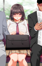 Rule 34 | 1girl, 2boys, ^^^, aneshiko, bag, blush, braid, breasts, briefcase, brown hair, brown sailor collar, brown skirt, chikan, clenched hands, collarbone, hair ribbon, half-closed eyes, hetero, highres, holding, holding bag, indoors, knees together feet apart, large breasts, long sleeves, looking down, miniskirt, multiple boys, necktie, open mouth, original, pink eyes, pink ribbon, pleated skirt, red necktie, ribbon, sailor collar, school bag, school briefcase, school uniform, seat, serafuku, shiny clothes, shirt, short hair, sidelocks, single braid, sitting, skirt, solo focus, straight-on, sweat, train interior, white shirt, window