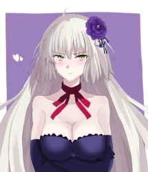 Rule 34 | 1girl, ahoge, bad id, bad pixiv id, bare shoulders, blush, border, breasts, cleavage, crossed arms, elbow gloves, fate/grand order, fate (series), flower, gloves, hair flower, hair ornament, jeanne d&#039;arc (fate), jeanne d&#039;arc alter (avenger) (fate), jeanne d&#039;arc alter (fate), kazama (akki12), large breasts, neck ribbon, official alternate costume, outside border, platinum blonde hair, purple background, ribbon, solo, white border, yellow eyes