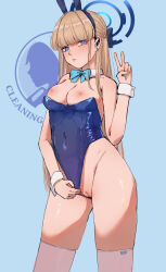 Rule 34 | 1girl, absurdres, animal ears, blonde hair, blue archive, blue eyes, blue leotard, bow, bowtie, breasts, cleft of venus, clothing aside, detached collar, fake animal ears, halo, highres, leotard, leotard aside, leotard pull, long hair, looking at viewer, medium breasts, nipples, nonflied, official alternate costume, playboy bunny, pussy, rabbit ears, solo, strapless, strapless leotard, thighhighs, toki (blue archive), toki (bunny) (blue archive), v, very long hair, white thighhighs, wrist cuffs