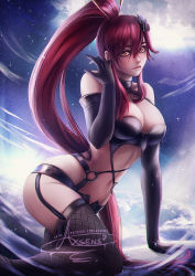 Rule 34 | 1girl, ass, axsen, blush, breasts, cleavage, cloud, elbow gloves, garter straps, gloves, hair ornament, harness, large breasts, long hair, looking at viewer, moon, ponytail, red hair, sky, solo, tengen toppa gurren lagann, thighhighs, tongue, tongue out, very long hair, yellow eyes, yoko littner