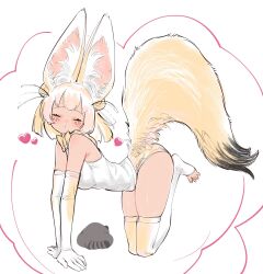 Rule 34 | 1girl, all fours, animal ear fluff, animal ears, bare shoulders, blonde hair, blush, bob cut, bow, bowtie, breasts, cat, closed eyes, commentary, elbow gloves, facial mark, facing viewer, fennec (kemono friends), fox ears, fox girl, fox tail, full body, gloves, heart, heart facial mark, highres, kemono friends, large breasts, large ears, no shoes, notora, shirt, short hair, simple background, sleeveless, sleeveless shirt, solo, tail, thighhighs, toeless legwear, toes, white background, white shirt, yellow bow, yellow bowtie, yellow gloves, yellow thighhighs