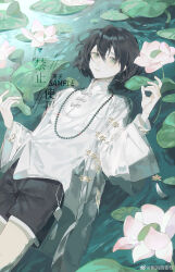Rule 34 | absurdres, bead necklace, beads, black hair, changpao, chinese clothes, fengguai, flower, green eyes, highres, jewelry, long sleeves, looking at viewer, lotus, lying, necklace, original, shorts, solo, upper body, water