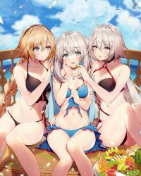 Rule 34 | 3girls, :d, ahoge, ass, bare arms, bare legs, bare shoulders, bikini, black bikini, blonde hair, blue eyes, blue sky, braid, breasts, brown eyes, bubble, cleavage, closed mouth, cloud, cloudy sky, collarbone, commentary request, day, fate/grand order, fate (series), food, front-tie bikini top, front-tie top, fruit, groin, hair between eyes, hairband, halterneck, hand on own cheek, hand on own face, hand up, holding, holding food, jeanne d&#039;arc alter (swimsuit berserker) (fate), jeanne d&#039;arc (fate), jeanne d&#039;arc (ruler) (fate), jeanne d&#039;arc (swimsuit archer) (fate), jeanne d&#039;arc (swimsuit archer) (first ascension) (fate), jeanne d&#039;arc alter (fate), jeanne d&#039;arc alter (swimsuit berserker) (fate), jewelry, large breasts, long hair, looking at viewer, marie antoinette (fate), marie antoinette (fate/grand order), marie antoinette (swimsuit caster) (fate), marie antoinette (swimsuit caster) (third ascension) (fate), medium breasts, multiple girls, navel, necklace, necomi, open mouth, parted lips, petals, plate, side-by-side, silver hair, single braid, sitting, sky, smile, sparkle, stomach, swimsuit, thighs, twintails, very long hair