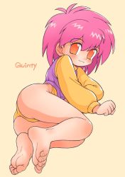 Rule 34 | 1girl, absurdres, ass, barefoot, feet, female focus, highres, lying, on side, oyatsu (mk2), panties, pink hair, quinty, quinty (character), simple background, smile, soles, solo, toes, underwear, yellow background, yellow panties