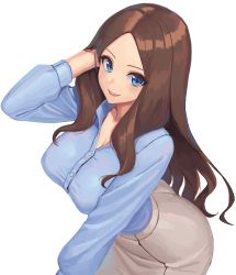 Rule 34 | 1girl, alternate costume, beige skirt, black bow, blue eyes, blue shirt, blush, bow, breasts, brown hair, cleavage, collared shirt, contemporary, dress shirt, fate/grand order, fate (series), forehead, hair bow, highres, large breasts, leonardo da vinci (fate), long hair, long sleeves, looking at viewer, open mouth, parted bangs, ponytail, ranma (kamenrideroz), shirt, smile, solo