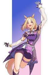 Rule 34 | 1girl, absurdres, animal ears, arm up, bare shoulders, blonde hair, blush, boots, bow, brown eyes, commentary request, ear covers, ear ornament, feet out of frame, gloves, gradient background, highres, horse ears, horse girl, horse tail, looking at viewer, multicolored hair, narita top road (umamusume), off shoulder, open mouth, purple bow, purple footwear, senchan 7, short hair, single ear cover, smile, solo, streaked hair, tail, thigh strap, umamusume, white gloves, white hair