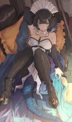 Rule 34 | 1girl, arknights, bare shoulders, black footwear, black hair, black pantyhose, blue eyes, blue lips, blue nails, breasts, closed mouth, commentary, couch, detached collar, detached sleeves, dress, english commentary, full body, grey hair, highres, jewelry, kjera (arknights), kjera (ingenious servant) (arknights), large breasts, looking at viewer, maid headdress, multicolored hair, nev (nevblindarts), official alternate costume, pantyhose, pendant, pillow, short hair, solo, strapless, strapless dress, streaked hair, tail, white dress