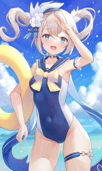 Rule 34 | 1girl, :d, airool, arm up, armpits, barbara (genshin impact), barbara (summertime sparkle) (genshin impact), bare shoulders, blue eyes, blue one-piece swimsuit, blue sailor collar, blue sky, bow, breasts, brown hair, cloud, commentary request, covered navel, day, flower, genshin impact, groin, hair between eyes, hair flower, hair ornament, highres, innertube, long hair, official alternate costume, one-piece swimsuit, open mouth, outdoors, sailor collar, school swimsuit, sky, small breasts, smile, solo, standing, striped, striped bow, swim ring, swimsuit, tilted headwear, twintails, white flower, white headwear