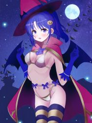Rule 34 | 1girl, alternate costume, bat (animal), bat wings, bikini, blue gloves, blue hair, blush, breasts, cape, commission, cowboy shot, fire emblem, fire emblem: new mystery of the emblem, full moon, gloves, hair ornament, halloween, hat, highres, kris (female) (fire emblem), kris (fire emblem), long hair, looking at viewer, mikoko1, moon, navel, night, night sky, nintendo, open mouth, pixiv commission, ponytail, ribbon, sky, small breasts, solo, swimsuit, thighhighs, wings, witch hat