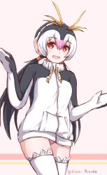 Rule 34 | 10s, 1girl, black hair, blush, disco brando, highres, jacket, kemono friends, long hair, long sleeves, looking at viewer, multicolored hair, open mouth, panties, personification, pink panties, royal penguin (kemono friends), smile, solo, thighhighs, underwear, white hair, white thighhighs