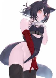 Rule 34 | 1girl, animal ears, arknights, asymmetrical gloves, bare shoulders, black hair, cat ears, cat girl, cat tail, commentary request, cowboy shot, cutout above navel, gloves, goggles, goggles on head, hand on own chest, hand under clothes, kochiya (gothope), leotard, mismatched gloves, partial commentary, red eyes, red gloves, rockrock (arknights), tail, white gloves